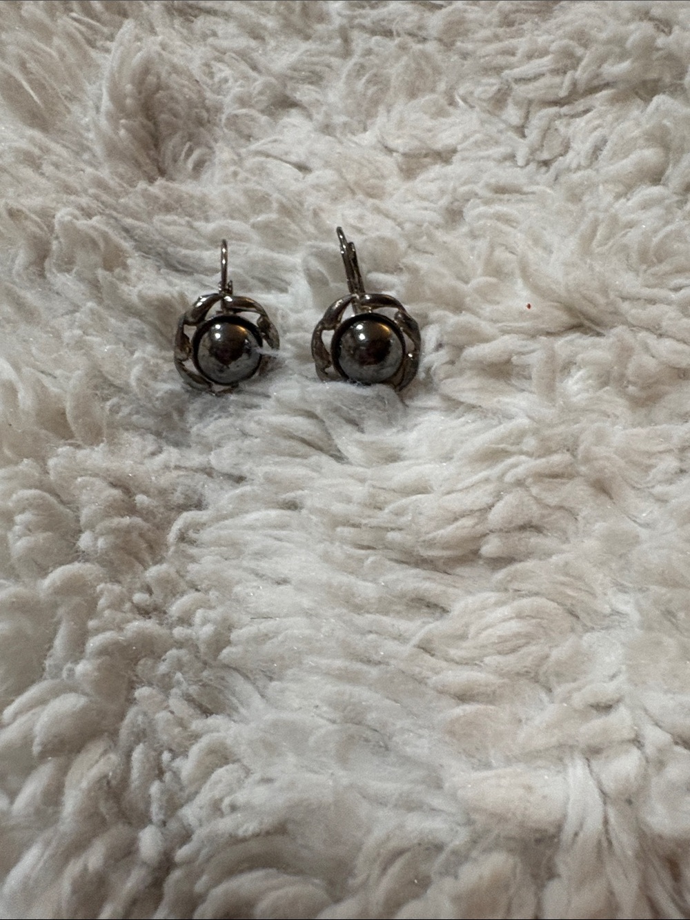 Vintage Silver Tone Leverback Earrings with Dark Hematite-Style Ball